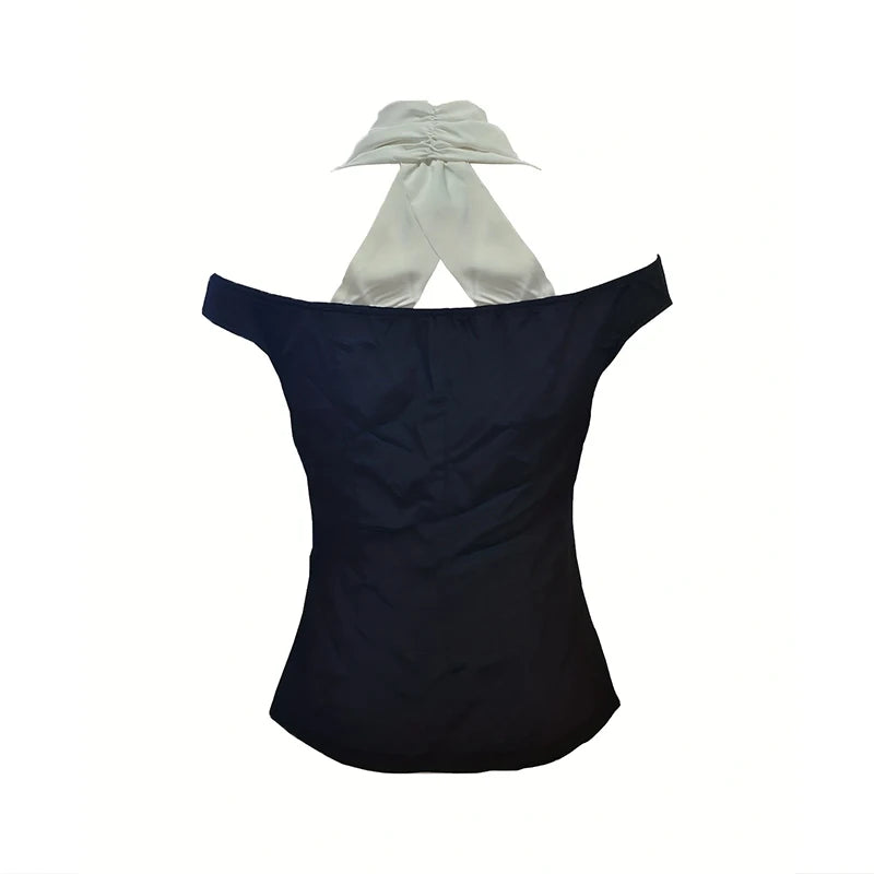 Women's Black White Contrast Off-Shoulder Top Halter Neckline Button Front Ideal for Evening Events Fashion-forward Outings - Kimlud