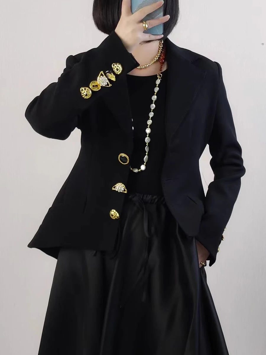 TWOTWINSTYLE Solid Spliced Lace Up Slimming Jackets For Women Lapel Long Sleeve Tunic Temperament Patchwork Button Coat Female - Kimlud