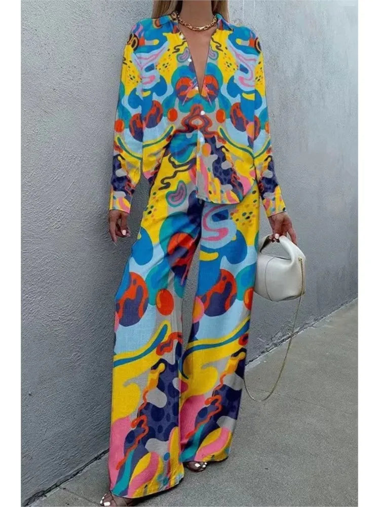 Spring Autumn New In Print Pant Sets Women 2024 Fashion Long Sleeve Shirts Wide Leg Trousers Two Piece Sets Trendy Streetwear