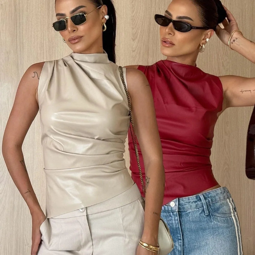 Women Y2K Vintage PU Simple Basic Tank Top High Waist Skinny Shrunk Slash Cut Sleeveless Tops Versatile Noble Shirts - Kimlud