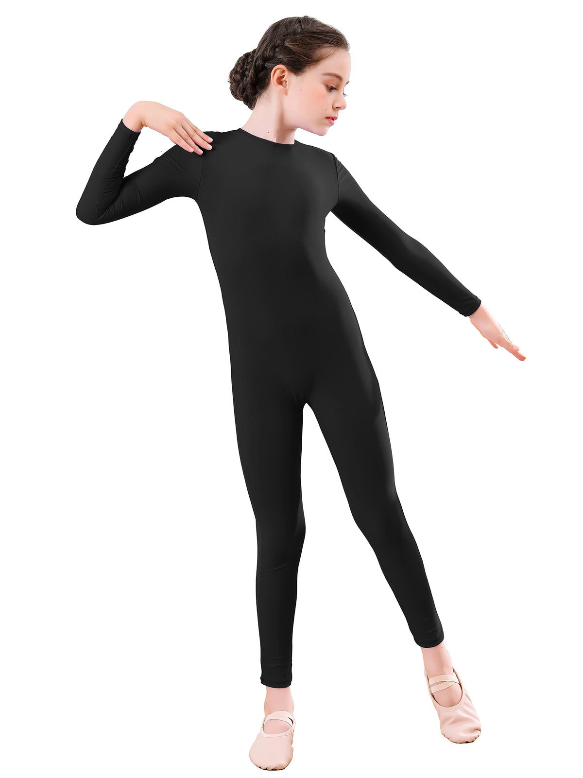 AOYLISEY Girls Black Long Sleeve Unitard Boys Gymnast Bodysuit Spandex Full Body Kids Jumpsuit Scoop Neck Dance Costumes
