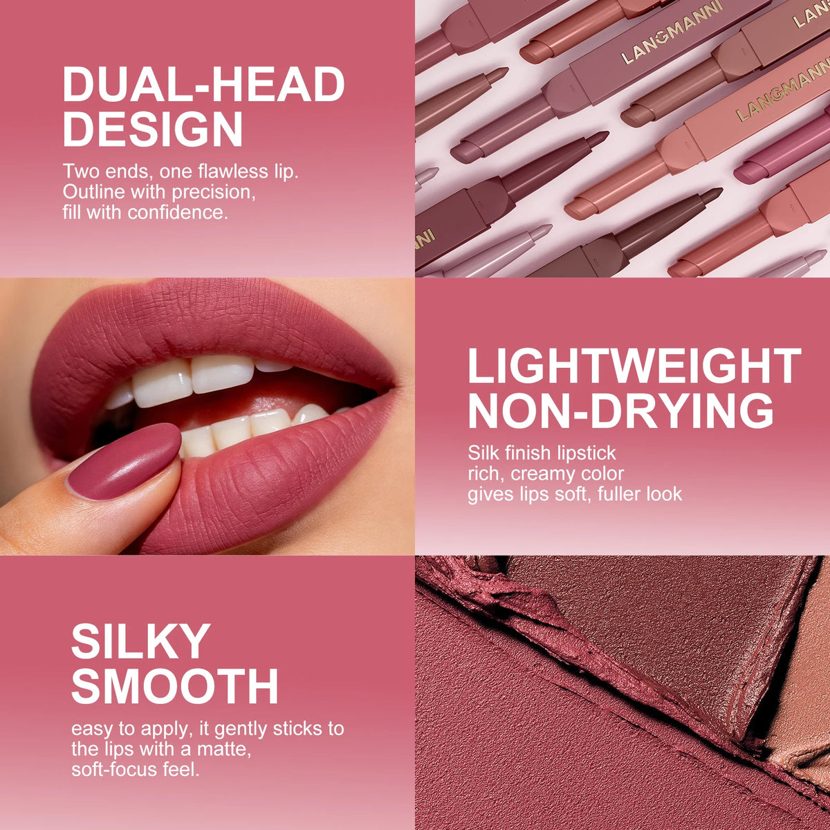 2 in 1 Matte Red Lipliner Waterproof Nude Matte Lip Liner Pencil Double Head Lipstick Pen Long Lasting Lips Outline Stick Makeup