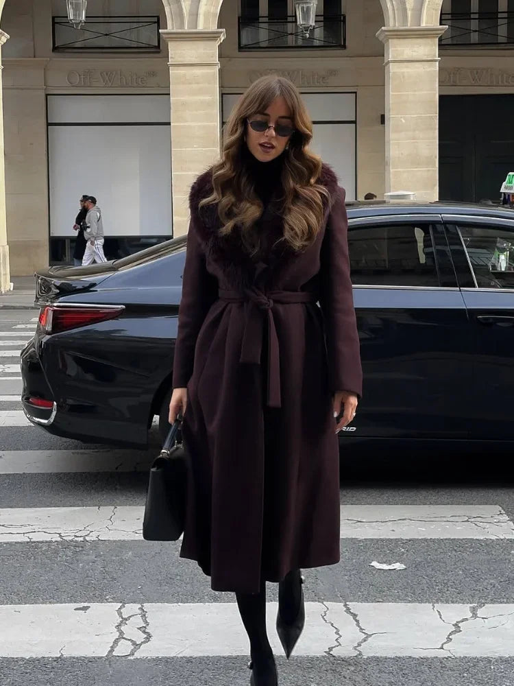 Elegant Fur Collar Woolen Blend Overcoat Women V-neck Full Sleeve Lace Up Loose Long Coat Lady Daily Commute Street Outerwear