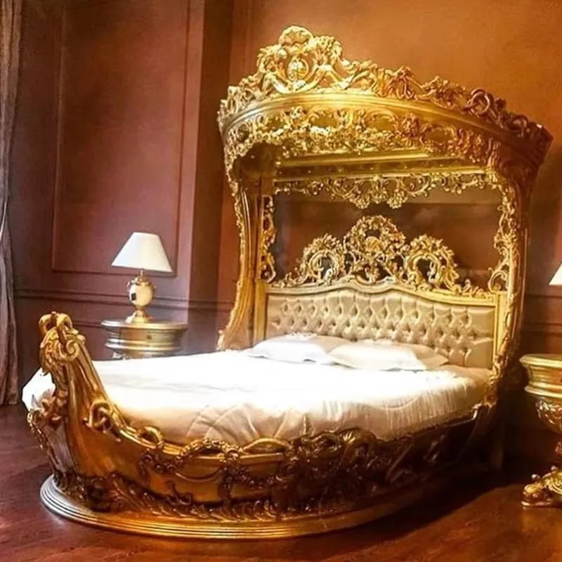 European-Style Wood Carved Double Bed Luxury Boat Style French Fabric Princess Villa Bedroom Furniture Bedroom Set Muebles - Kimlud
