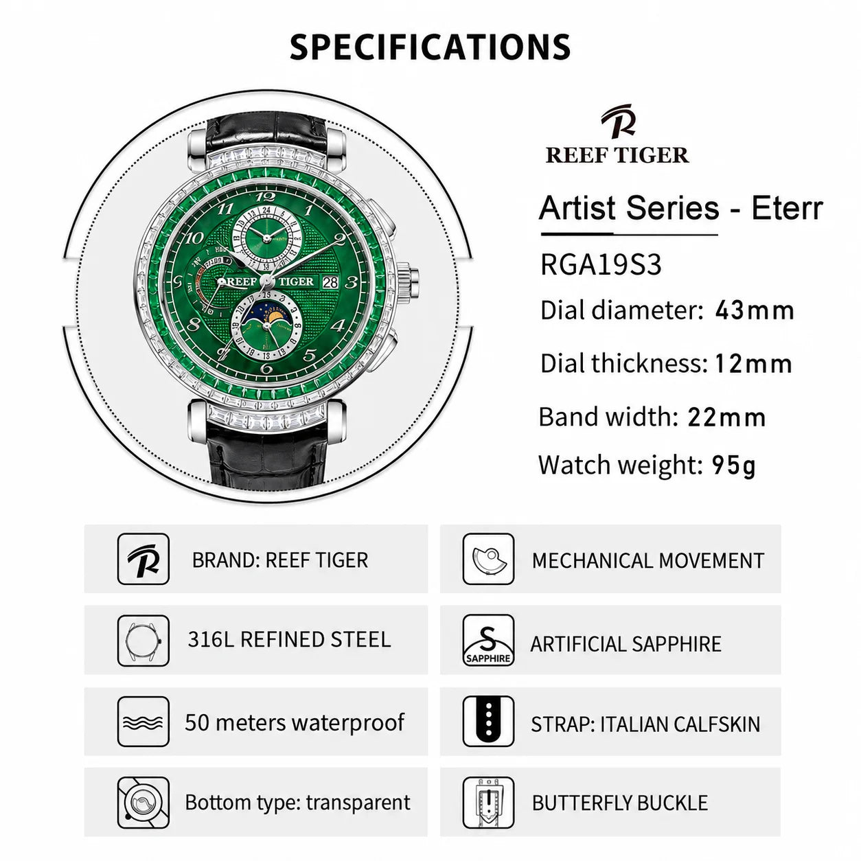 Reef Tiger Luxury Men's Automatic Mechanical Watch Green Dial Moon Phase Date Genuine Leather Strap Waterproof Dress...