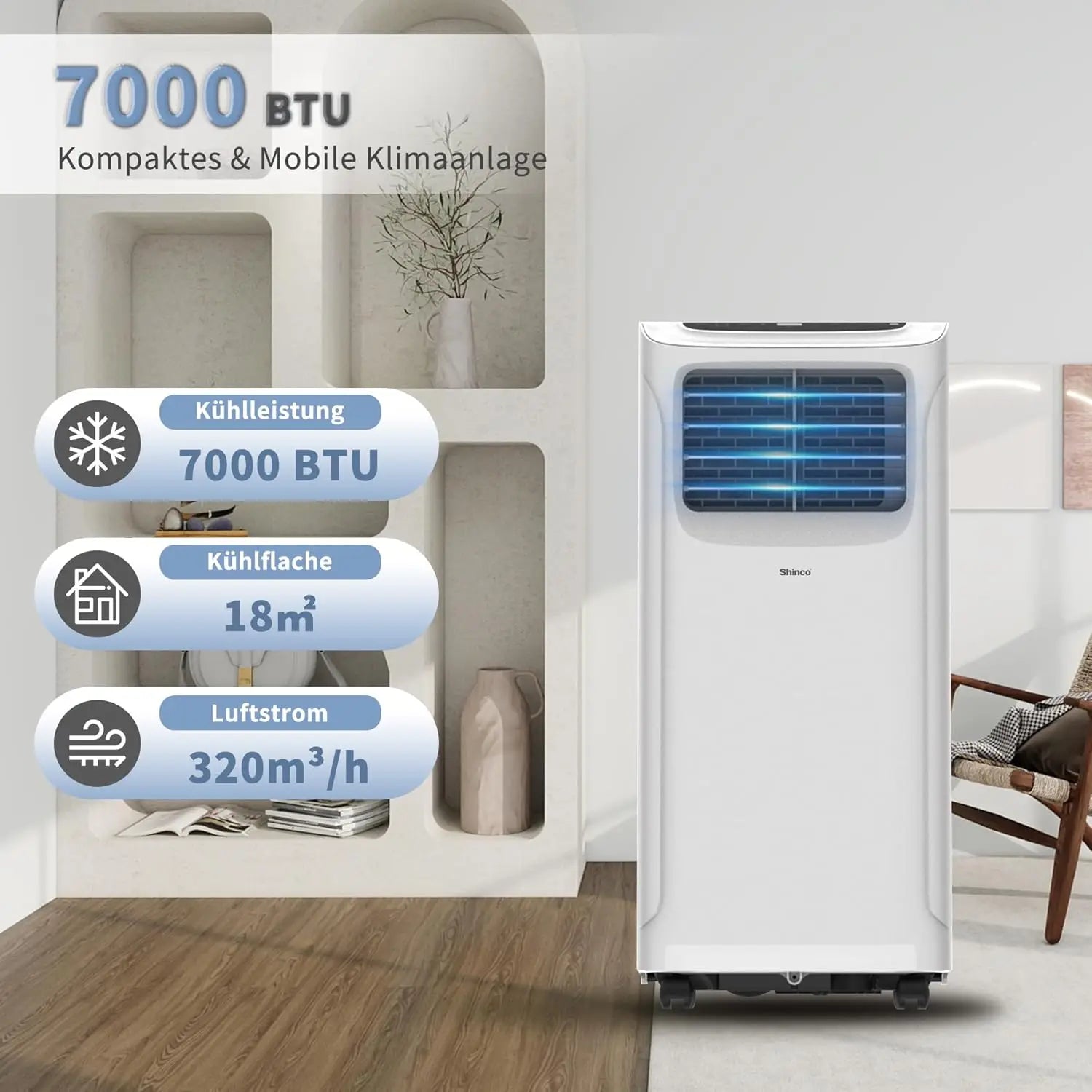 Shinco Mobile Air Conditioner, 7000 BTU, 2.05 kW, 3-in-1 Air Conditioning, Cooling & Ventilating & Dehumidifying, Mobile...