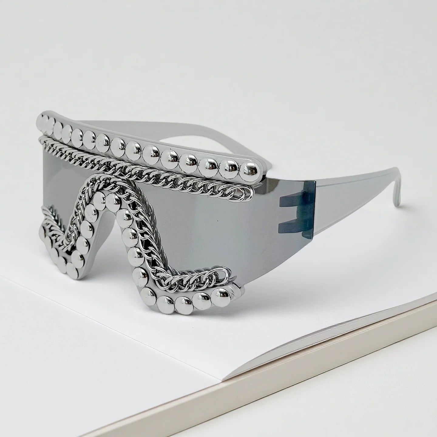 Punk Style One-piece Large Frame Sunglasses with Metal Chain Stud Women and Men Treny Exaggertated Unique Sun Glasses...