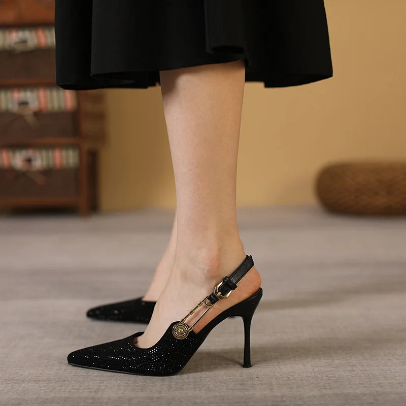Luxury Rhinestones Sexy High Heels Women Pointed Toe Sandal Elegant Ladies Metal Buckle Fashion Design Banquet Dress Shoes Pumps