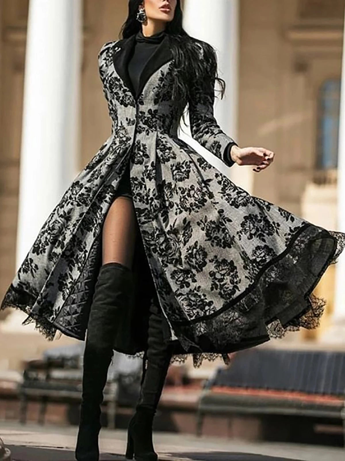 Women's British Style Elegant Jacket Lace Patchwork Vintage V-Neck Long Sleeve Button Cardigan Midi Female Winter Coat Jackets