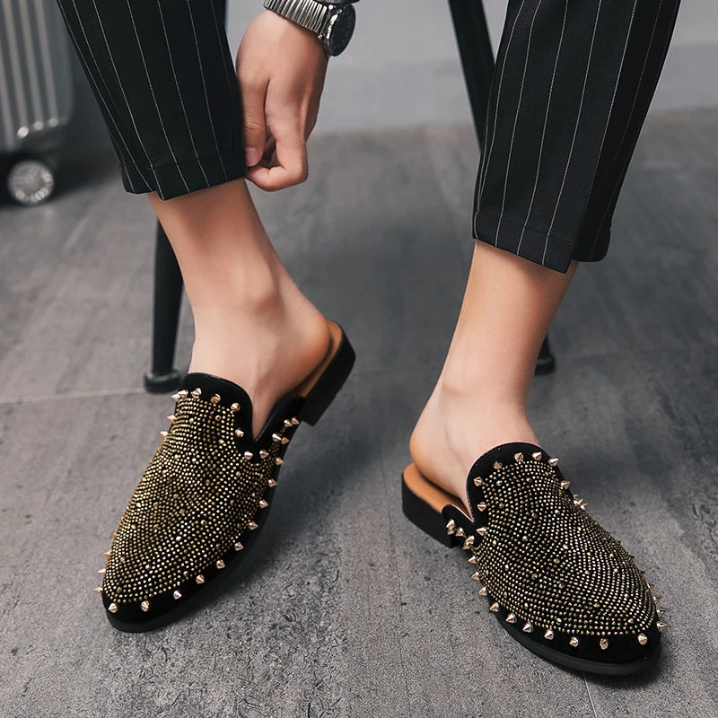 New Gold Hip-hop Rock Punk Rivet Rhinestones Shoes For Men Half Slippers Summer Fashion Casual Mules Moccasins Loafers - Kimlud