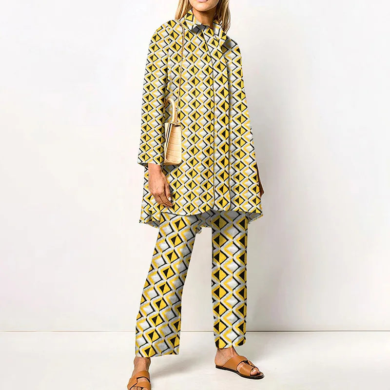 Autumn New Vintage Printed Pant Sets Women Long Shirts And Wide Legs Trousers Two Piece Set Fashion Trendy Streetwear Lady Suits