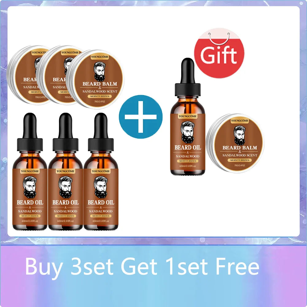 Organic Beard Growth Oil & Sandalwood Balm 1/2/4 Set-24H Nourishing, No Flakes, Men's Grooming Kit with Argan Oil &...