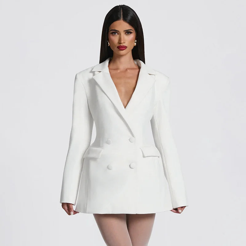 Mozision Deep V Neck Long Sleeve Sexy Mini Blazer Dress Women Elegant Double-breasted High Waist Club Party Blazers Dress