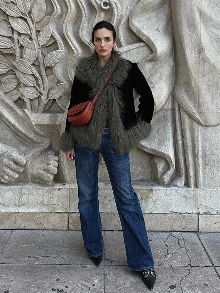 Vintage Patchwork Women's Faux Fur Trim Coat Urban Lapel Full Sleeve Female Jacket Female 2026 Spring Winter Lady Streetwear New