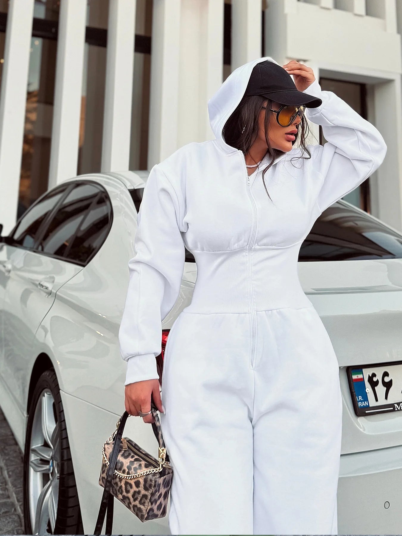 Women's Hooded Zipper Elastic Waist Jumpsuit Long Pants Sports Casual Solid Color Comfortable Casual Cross-Border Style