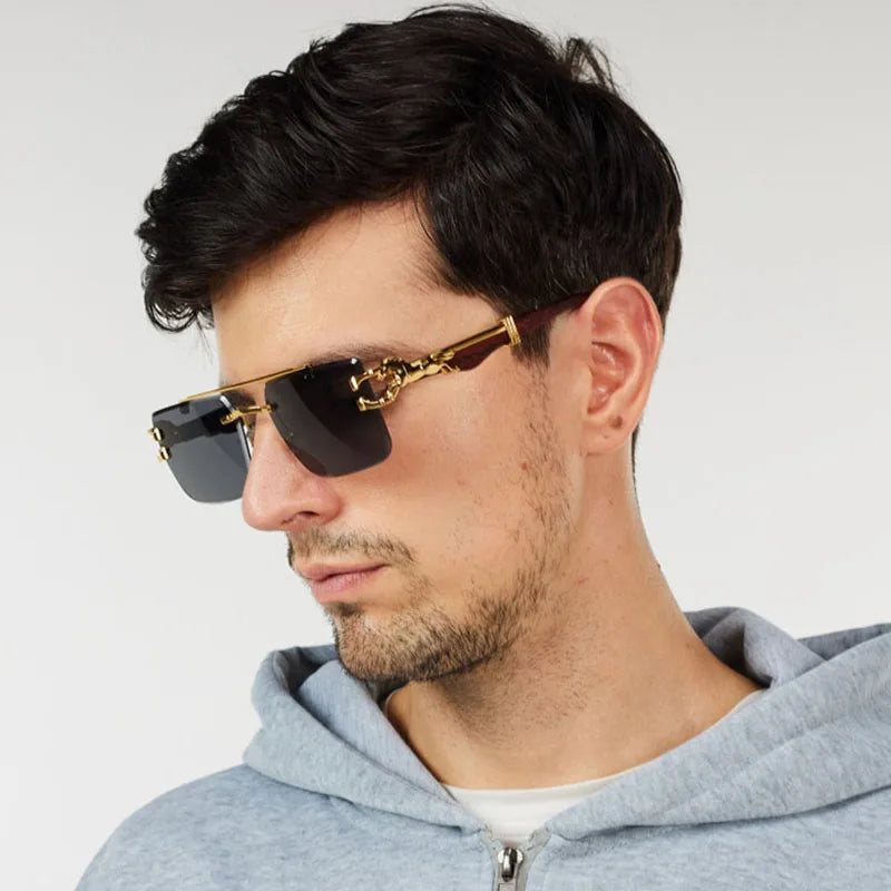 wood Grain Sunglasses Women Trendy 2024 Rimless Sunglasses Men Vintage Designer Fashion Glasses Lentes De Sol Mujer...
