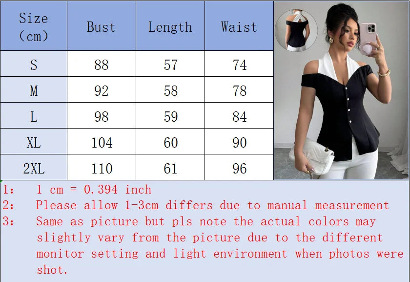 Women's Black White Contrast Off-Shoulder Top Halter Neckline Button Front Ideal for Evening Events Fashion-forward Outings - Kimlud