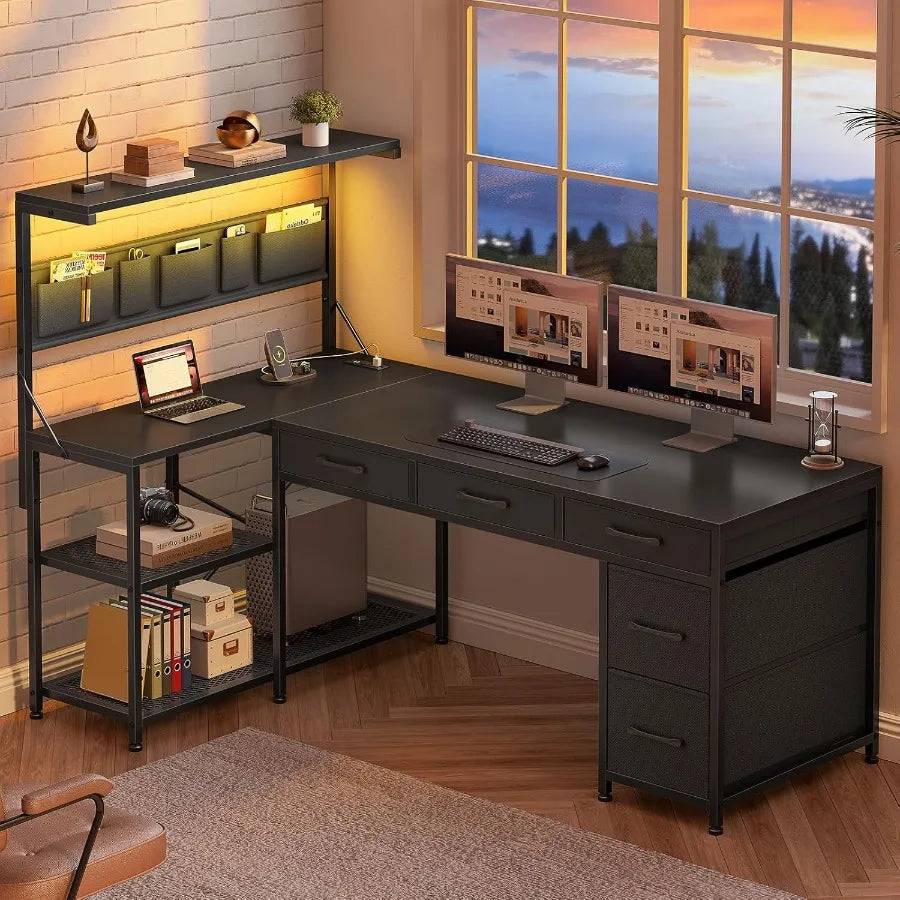 L Shaped Gaming Desk with 5 Drawers and Storage Shelves for Home Office and Study Room Reversible Corner Computer Desk with Bui - Kimlud