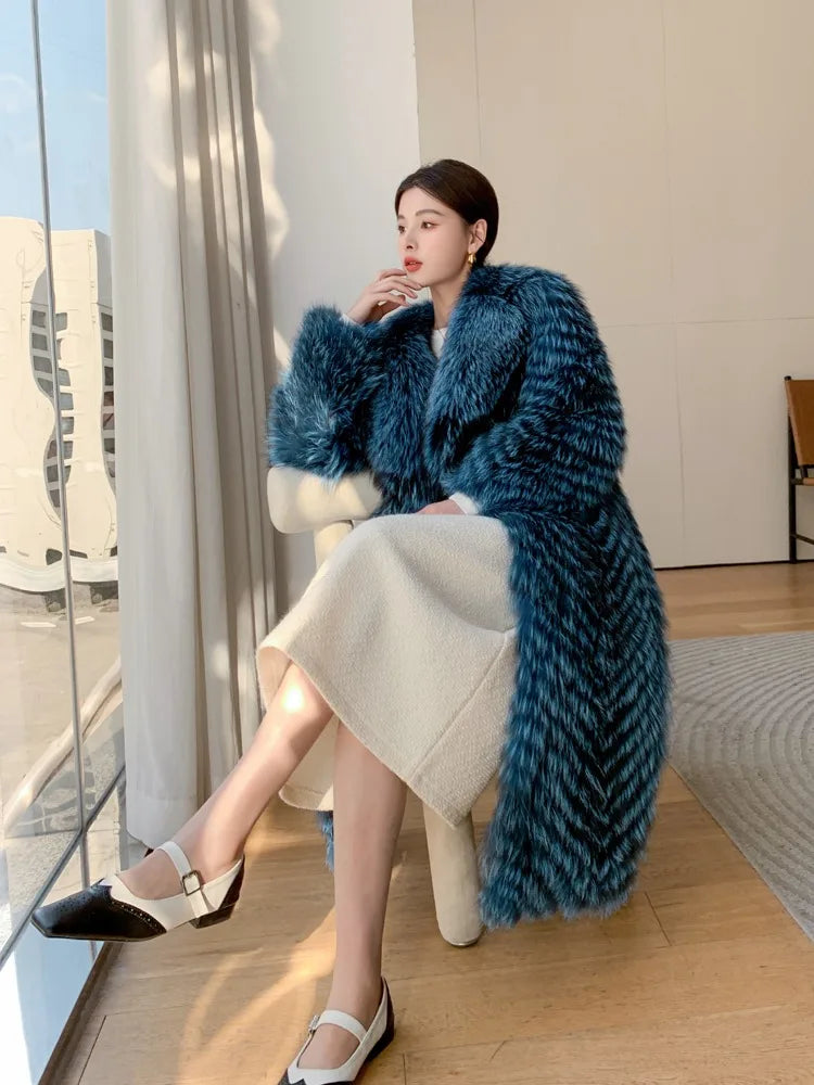 Lady Clothes Long Real Fur Coat Women Natural Silver Fox Autumn Warm Female Fox Parkas high Quality Outwear