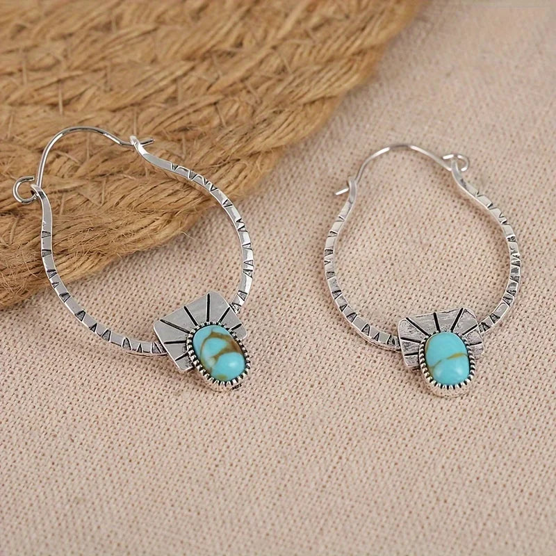 Boho-Chic Hoop Earrings - Silvery Plated, Synthetic Gemstone Inlay, Zinc Alloy - Perfect for Casual Attire & Gifting |...