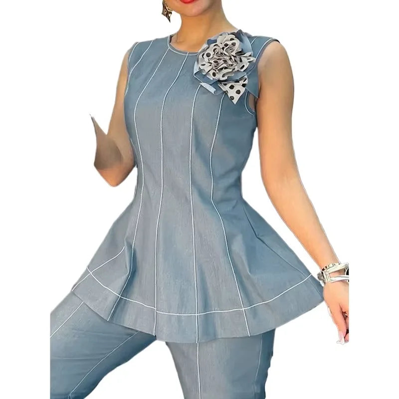 Krisstarsgirl 2025 Trendy Denim Blouse Office Lady Elegant Autumn Back Ziper 3D Flowers Woman Chic Summer Tops Sleeveless Vest