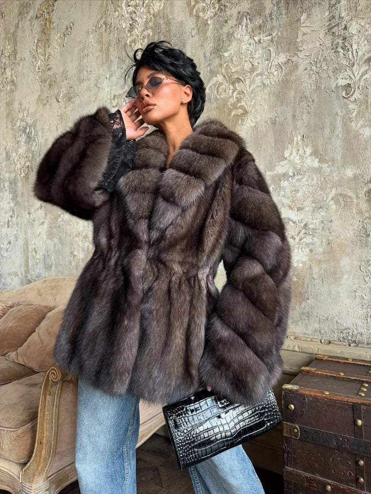 Women Elegant Fake Fur Coat Bell Sleeve Lapel Suede Surface Girdle Coats Unique Luxury Temperament 2025 New Winter High Street