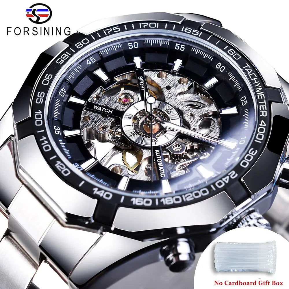 Forsining 2021 Stainless Steel Waterproof Mens Skeleton Watches Top Brand Luxury Transparent Mechanical Sport Male Wrist Watches - Kimlud