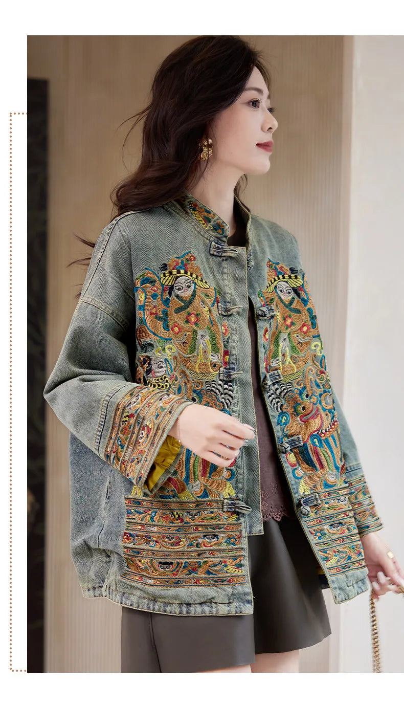 Women Distressed Denim Jacket Heavy Embroidery Lucky Chinese Style 2026 Spring Loose Casual Jean Coat