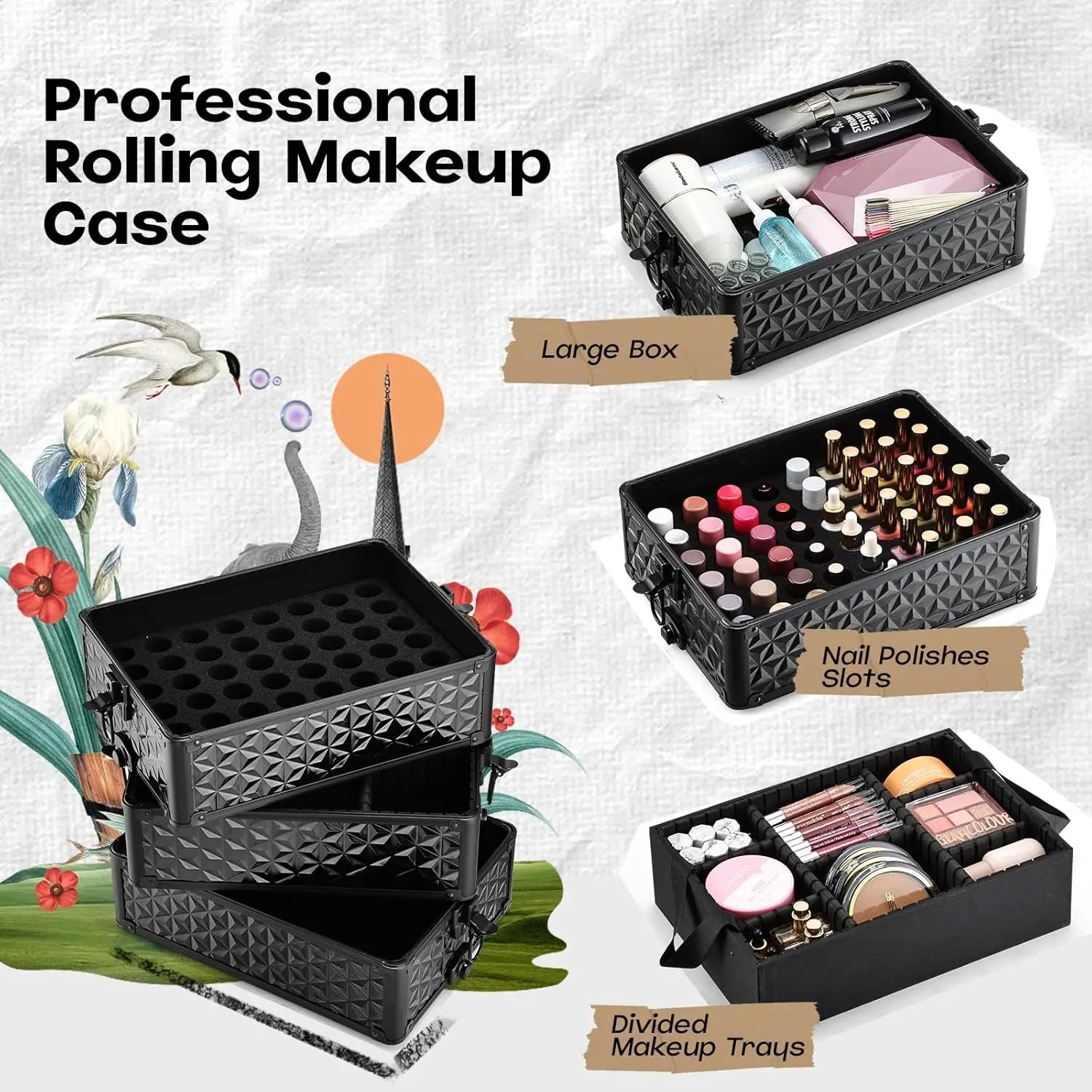 Professional Makeup Train Case on Wheels, Extra Large Cosmetic Case Rolling Makeup Case Trolley Makeup Organizer with Wheels