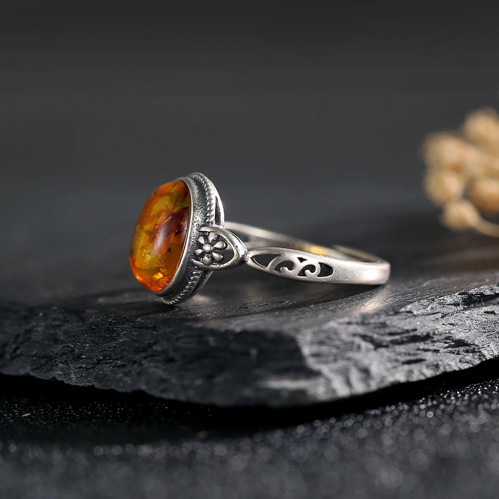 Adjustable Vintage 925 Sterling Silver Ring with Natural Amber, Retro Hollow Floral Design Gemstone Fine Jewelry for Women Man - Kimlud