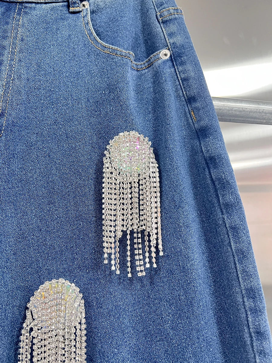 TWOTWINSTYLE Solid Patchwork Tassel Chic Denim Pants For Women High Waist Spliced Button Wide Leg Straight Pants Female Fashion