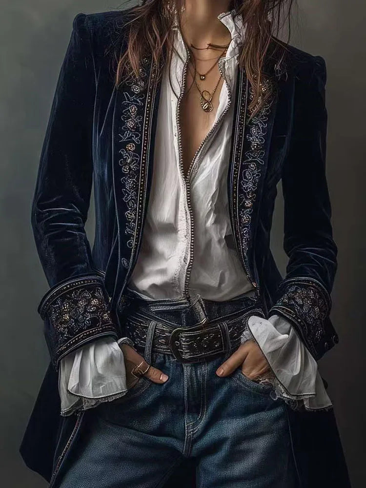 Autumn Causal Long Sleeve Women's Outercoat Winter Elegant Patchwork Lace Velvet Slim Coat Vintage Pattern Print Cardigan Jacket