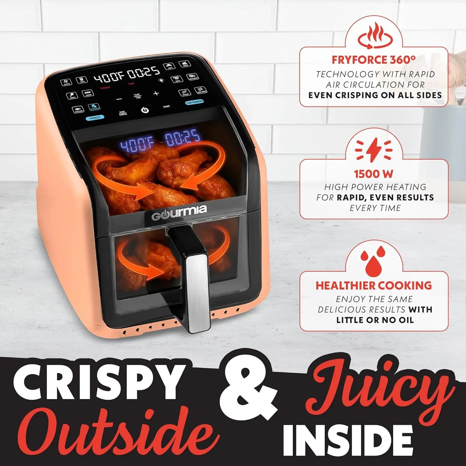 7 QT Air Fryer with Panoramic Window, Interior Light, 12 Presets & Dishwasher Safe Accessories in Peach