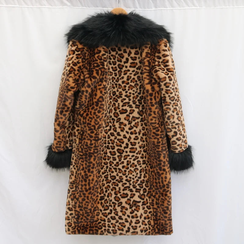 Women's leopard-print fur coat Long mink coat fox fur large fur collar winter trench coat loose and large size