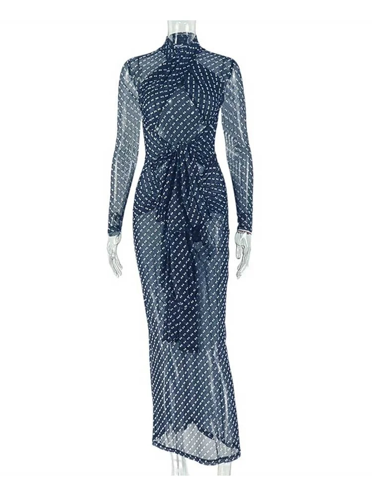 Spring Female Clothes Long Sleeve Maxi Dress for Woman Boho Black and White Dresses Elegant Mid-turtleneck Waist Slimming Dress