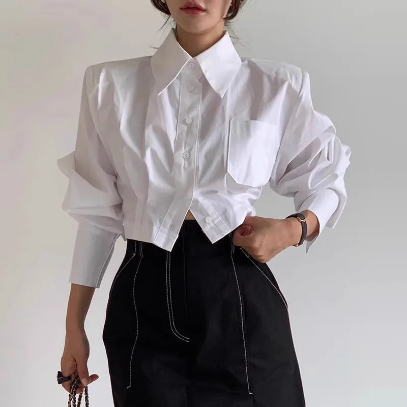 Spring Summer Women Turn-down Collar Long Sleeve Shirts Solid Color Hollow Out Blouse Korean Fashion Lady Elegant Button Tops