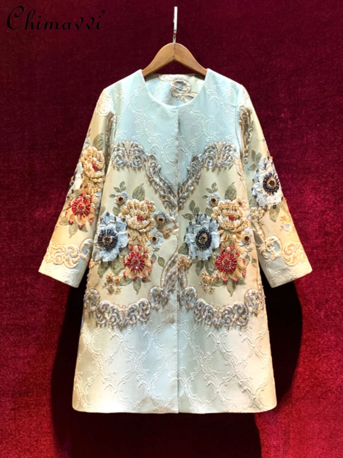 Vintage Embroidery Heavy Rhinestone Trench Coat for Women 2024 Spring Autumn New Fashion Luxury Long Sleeve Elegant Loose Coats