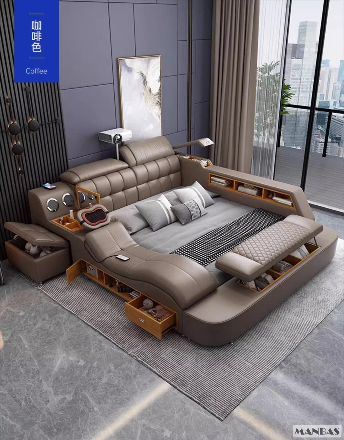 MINGDIBAO Luxury King Size Genuine Leather Bed / Tech Smart Bed / Multifunctional Ultimate Beds / Massage Bed with USB,Projecter