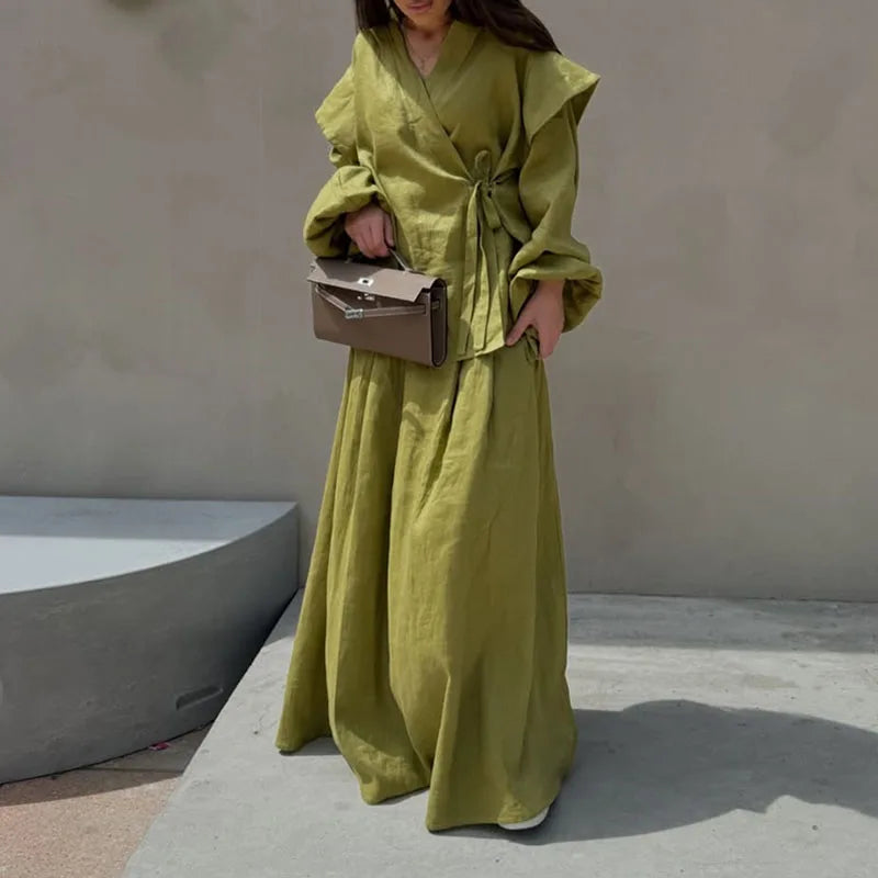 Fashion Draped Hight Waist Suits Elegant V-neck Lace-Up Tops with Long Skirt Set Women Casual Long Sleeve Solid 2 Piece Outfits