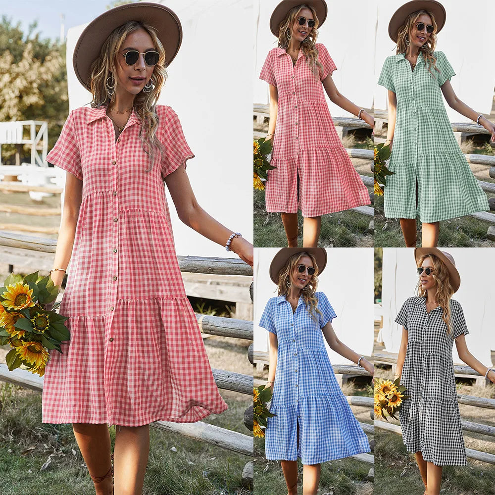 2026 Women's Checkered Short-Sleeve Shirtdress Single-breasted Button-down Short-sleeved Dress Casual Country-style Long...