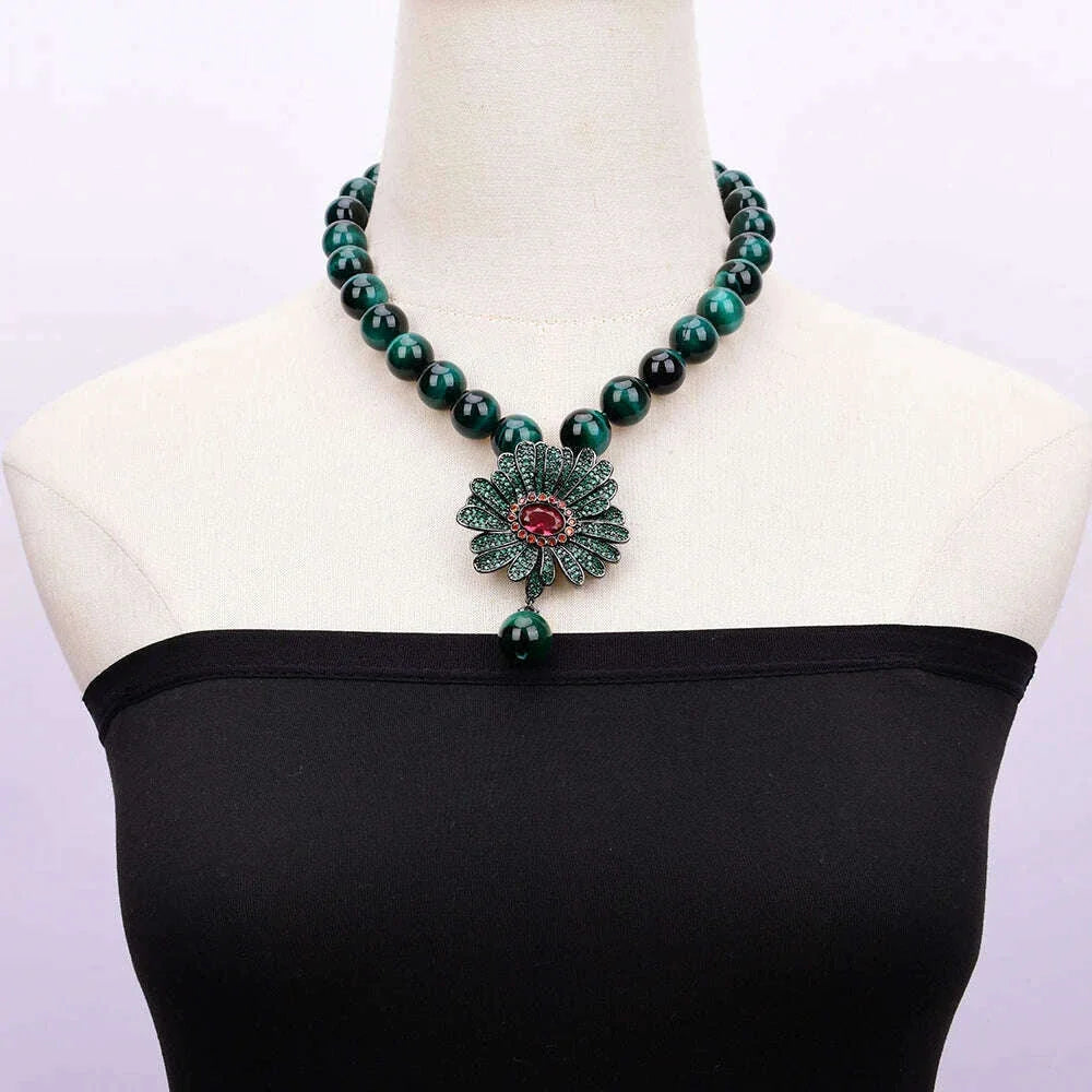 G-G 18" Natural Round Green Tiger Eye Necklace CZ Pave Flower Crystal Pendant Lady Party Gifts