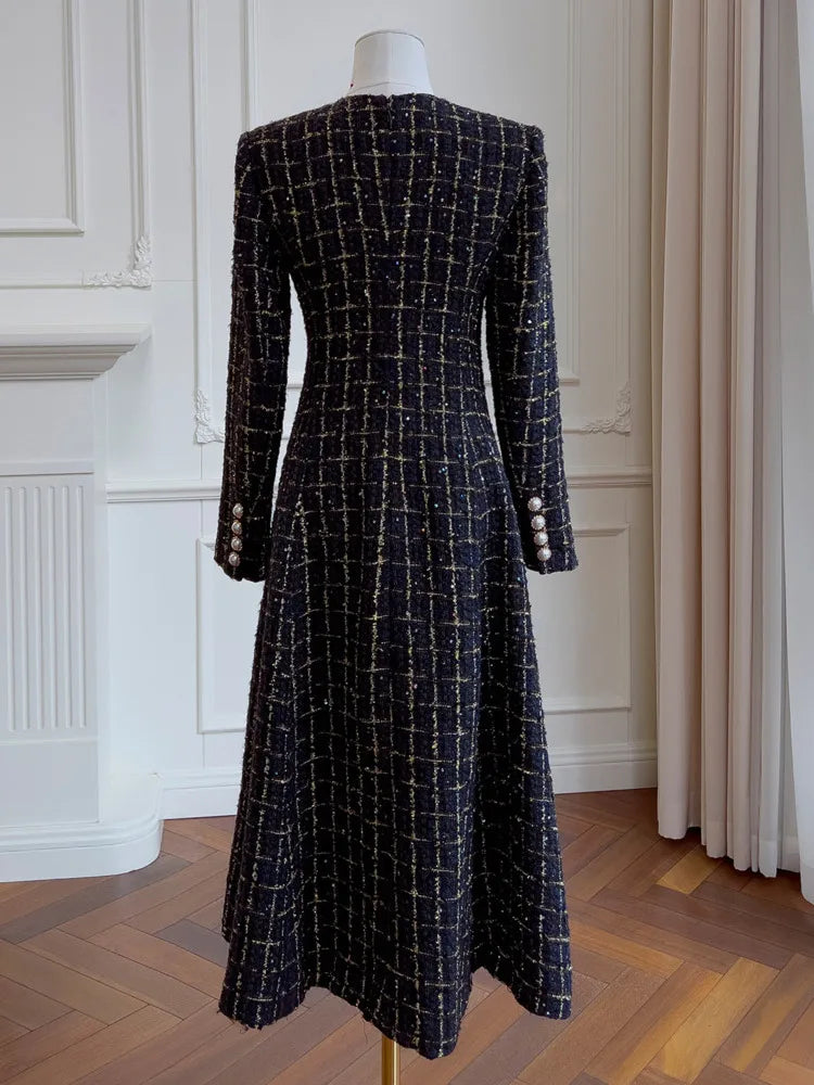 IEQJ Fashion Autumn Winter Evening Dress Women O-Neck Long Sleeves Single-breasted Zipper Cotton Tweed Umbrella Dresses New