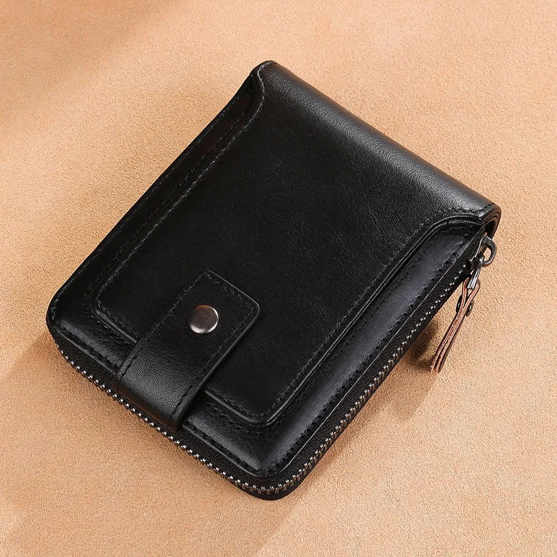 Vintage top layer cowhide anti-theft brush, anti demagnetization 2 large cash slots, buckle zipper wallet, large...