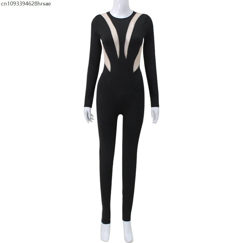 Sexy Mesh Hollow Patchwork Jumpsuit Long Sleeves Game Cosplay Bodysuit Women Performance Dance Costume Party Outfit