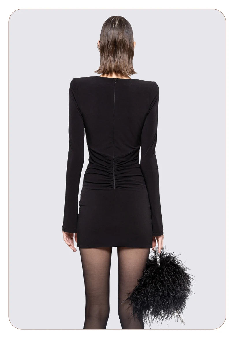 VC Chic Black Long Sleeved Ruched Mini Dress with Crystal Detailing for a Special Night Out