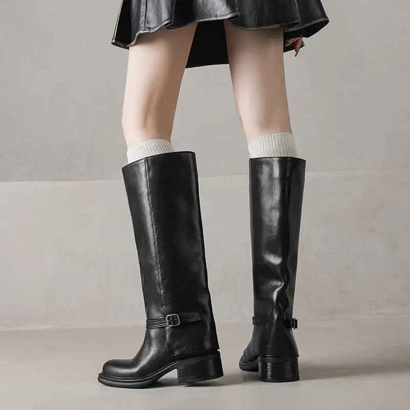 MORAZORA Genuine Leather Boots Women Square Mid Heels Black Brown Winter Boots Fashion Handmade Knee High Boots Ladies Shoes