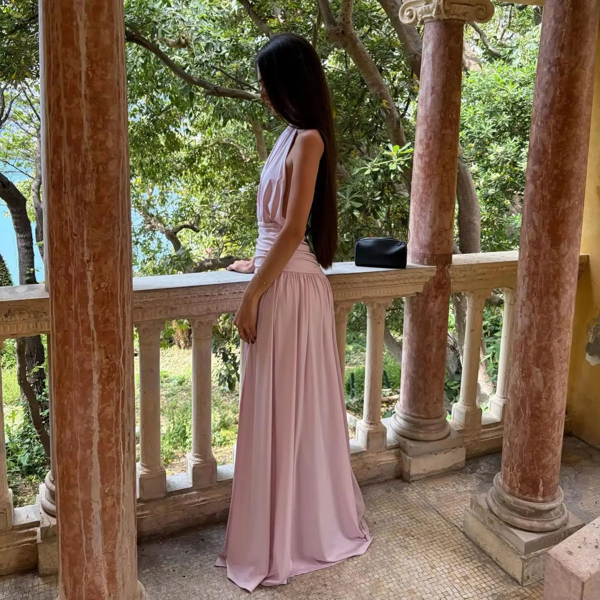 Ofherown Satin A-Line Formal Party Dress Blush Pink Halter Neck Evening Dress Prom Gown With Ruched Waist Open Back