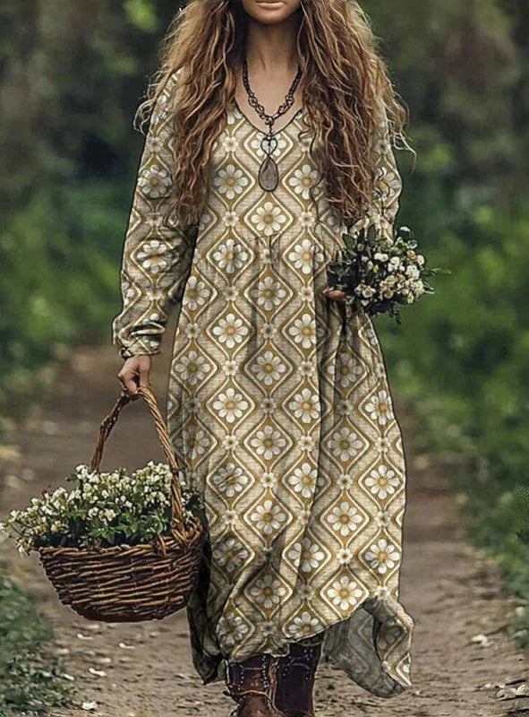 Boho Vintage Print Long Dresses For Women 2025 Casual V Neck Full Sleeve Splice High Waist Loose Dress Autumn Fashion Vestidos - Kimlud