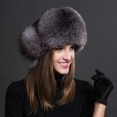 Women Natural Raccoon Fur Caps Ushanka Hats for Winter Thick Warm Ears Fashion Bomber Pom Pom Hat Lady Real Fox Fur Cap Pompon