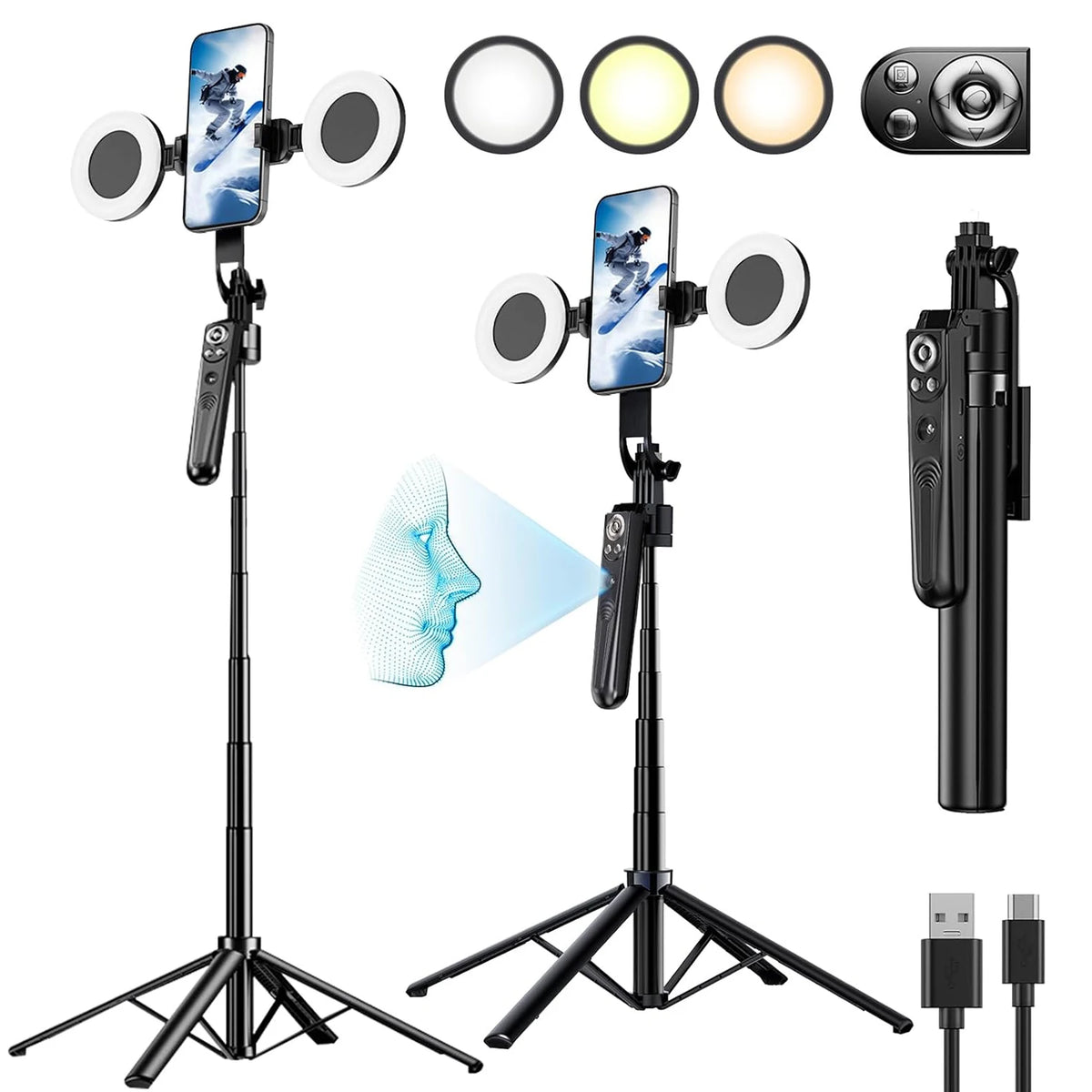 Extendable Auto Face Tracking Tripod 360° Rotation with Light 70.8" Motion Sensor Phone Tripod Stand For Vlog Live Stream